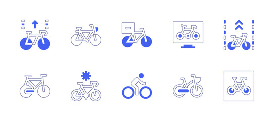 Cycling icon set. Duotone style line stroke and bold. Vector illustration. Containing bike, bicycle, bikelane, deliverybike, cycling.