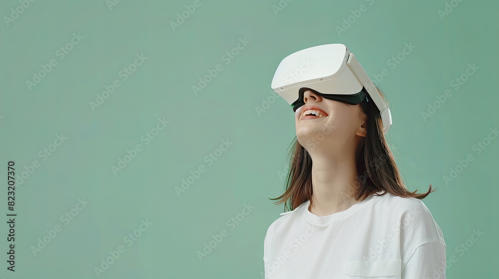 Wall mural Smiling young woman in white VR glasses on flat green background. Joyful girl experiencing virtual reality. Generative AI