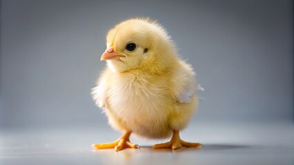 Obraz premium A fluffy yellow chick stands on a gray background, looking to the side with its head tilted.