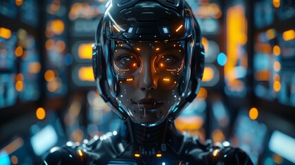 A futuristic cyborg woman with glowing eyes stares intensely from behind a metallic helmet.