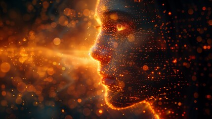 A glowing, abstract portrait of a woman's face, composed of shimmering particles and fire.