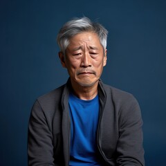 Azure background sad Asian man. Portrait of older mid-aged person beautiful bad mood expression boy Isolated on Background depression anxiety fear burn out health issue problem