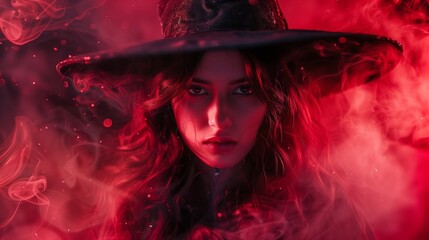 A woman in a witch hat with intense eyes stares out from a cloud of red smoke. Halloween, mystery, magic, fantasy.