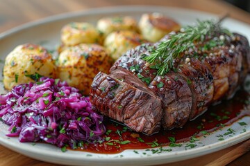 Sauerbraten - Marinated pot roast with red cabbage and potato dumplings