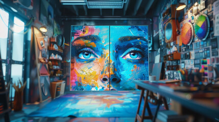 The messy art studio of a talented street artist.