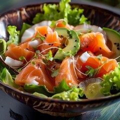 Exotic Salad with Smoked Salmon, Avocado and Coconut Closeup, Raw Sliced Red Fish Salat