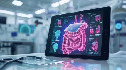 Fototapeta premium An illustration of a tablet displaying a 3D model of the human digestive system. The tablet is sitting on a table in a modern hospital setting.