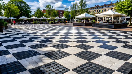 Rectangular Area Covered with Black Puzzle Pieces: A Unique Festival Ground Design. Perfect for: Art and Design Festivals, Interactive Installation Events, Puzzle Day Celebrations.