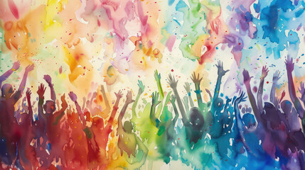 An abstract watercolor scene showing a crowd of people celebrating LGBT pride, with dynamic brushstrokes and a rainbow palette capturing the joyous and inclusive atmosphere of the event