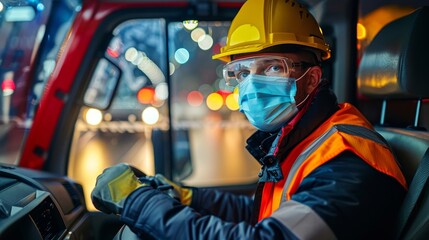 Fototapeta premium A man in a yellow helmet and orange vest is driving a truck