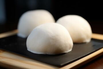 Three fluffy white steamed bao buns presented on a modern black slate tray with a wooden border