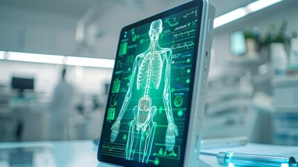 An advanced medical diagnostic tool displays a detailed 3D scan of the human skeleton, allowing doctors to examine the bones and joints in unprecedented detail.