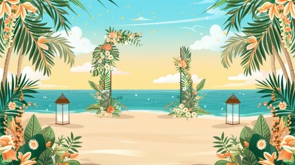 A Beachside Wedding With A Beautiful Setup And Floral Arrangements, Cartoon ,Flat color