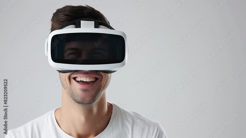 Aufkleber a joyful man explores virtual reality through white goggles in an isolated setting. generative ai