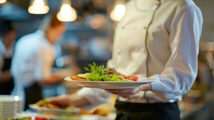 Close up view of a restaurant waiter's hand carrying a plate of dinner menu.