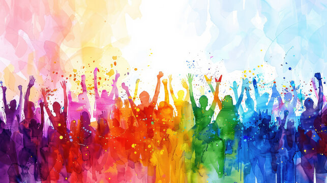 An abstract watercolor scene showing a crowd of people celebrating LGBT pride, with dynamic brushstrokes and a rainbow palette capturing the joyous and inclusive atmosphere of the event