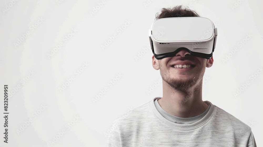 Poster a joyful man dons virtual reality glasses, transporting himself to an alternate reality. generative 