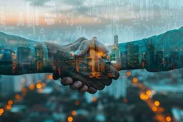 Two individuals shaking hands above urban skyline