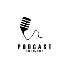 Podcast with microphone. Unique business podcast logo emblem design template.