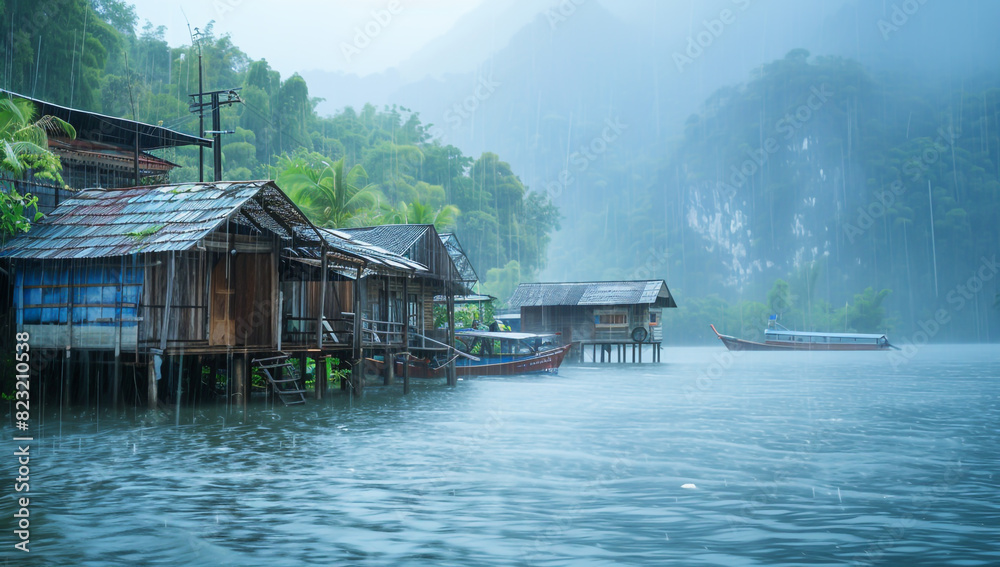 Wall mural rainy season in thailand, heavy rain falling on the roof of wooden buildings at scenic lake landscap