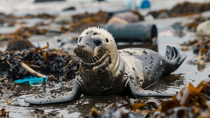 Seal dirty in oil on the shore among garbage, environmental pollution. Generative AI illustration