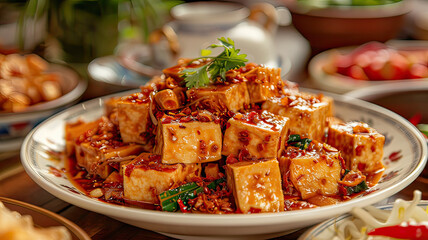 Fried Tofu With Peanut Sauce On A Plate, With A Background Of A Traditional Chinese Street Food Market . Generative ai