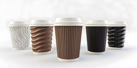 Disposable paper coffee cup with cap takeaway drink on white, Coffee in brown take away cup with beans isolated on white background