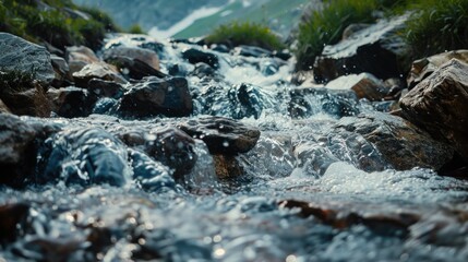 A close-up of an alpine river stream with fast-running water and pebbles between mountain stones