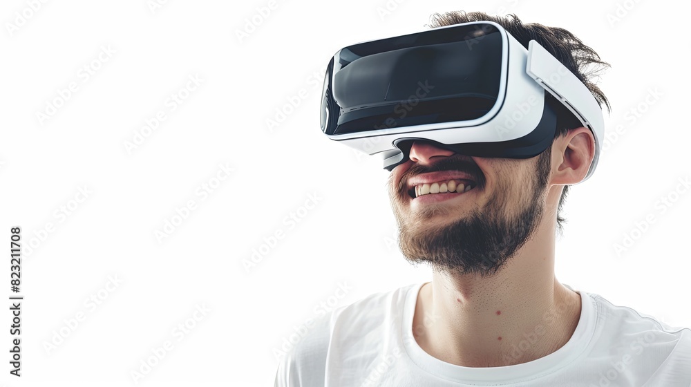 Poster a bearded man joyfully explores a virtual world through his vr headset, his smile reflecting the won