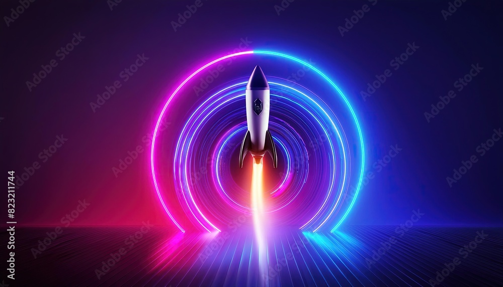 Wall mural Abstract futuristic background with rocket flight and pink and blue circle neon light. Concept of rapid technological progress. - Wall murals