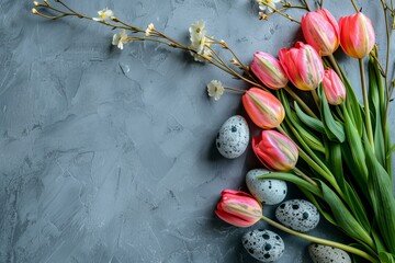 Flowers and eggs on table with gray background