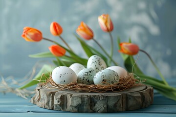 Eggs nest orange tulips spring background