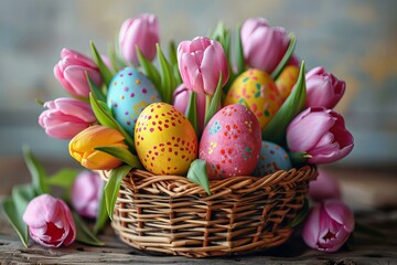 Colorful eggs and tulips in basket