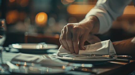 Close up view of a restaurant waiter's hands cleaning cutlery on a guest table using a tissue. - Powered by Adobe