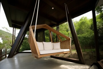 Stylish wooden swing with comfortable cushions on a tranquil porch overlooking lush greenery