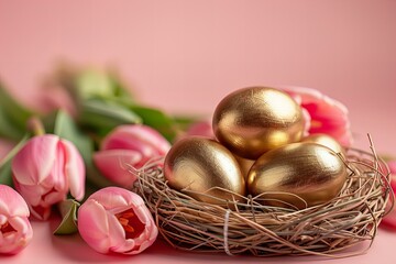 Golden eggs nest tulips pink background