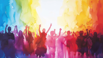 A vibrant watercolor illustration of an LGBT pride parade, with silhouettes of participants mingling and dancing under a sky painted in rainbow shades, evoking a sense of community and freedom