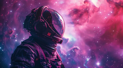 Futuristic man in a helmet, gazing at the cosmos with a glowing purple backdrop