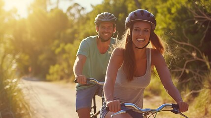 A joyful couple riding bicycles on a sunny rural road, surrounded by lush greenery.