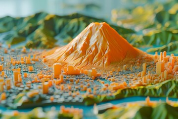 Fototapeta premium volcano in the middle of the city is filled with tall buildings in model style.