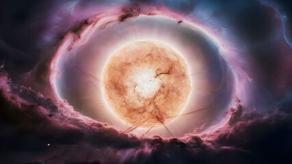 Fototapeta premium A stunning, high-resolution image of a massive star at the center, emitting intense light and heat, surrounded by a mesmerizing swirl of multicolored gases