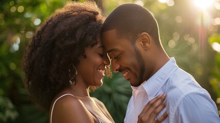 A loving African American couple sharing a tender moment in a sunlit garden, their foreheads touching as they smile gently.