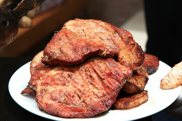 View of the roasted pork on the dish