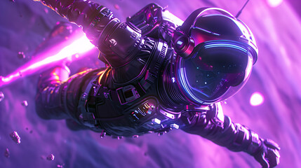 Futuristic space explorer, surrounded by purple and blue cosmic elements