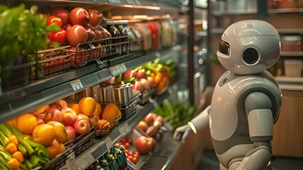 A robot is positioned in front of a refrigerator filled with various fresh fruits and vegetables.
