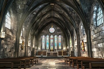 church hall with colorful window arches and a symbol of holiness.