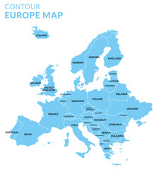 Mapa Europy z granicami nazwami państw z białym konturem i niebieskim wypełnieniem