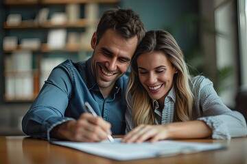 Happy couple at table pen notebook