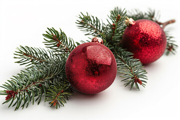Red shiny Christmas ball on fir tree branch isolated on white background