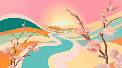 an abstract minimalist boho illustration of A path winding through a beautiful, blossoming landscape, leading towards a bright horizon